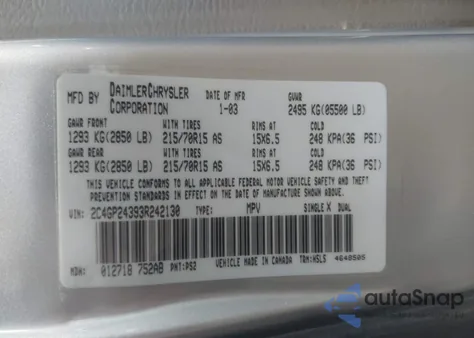 2003 Chrysler Town & Country from USA, damaged, VIN 2C4GP24393R242130